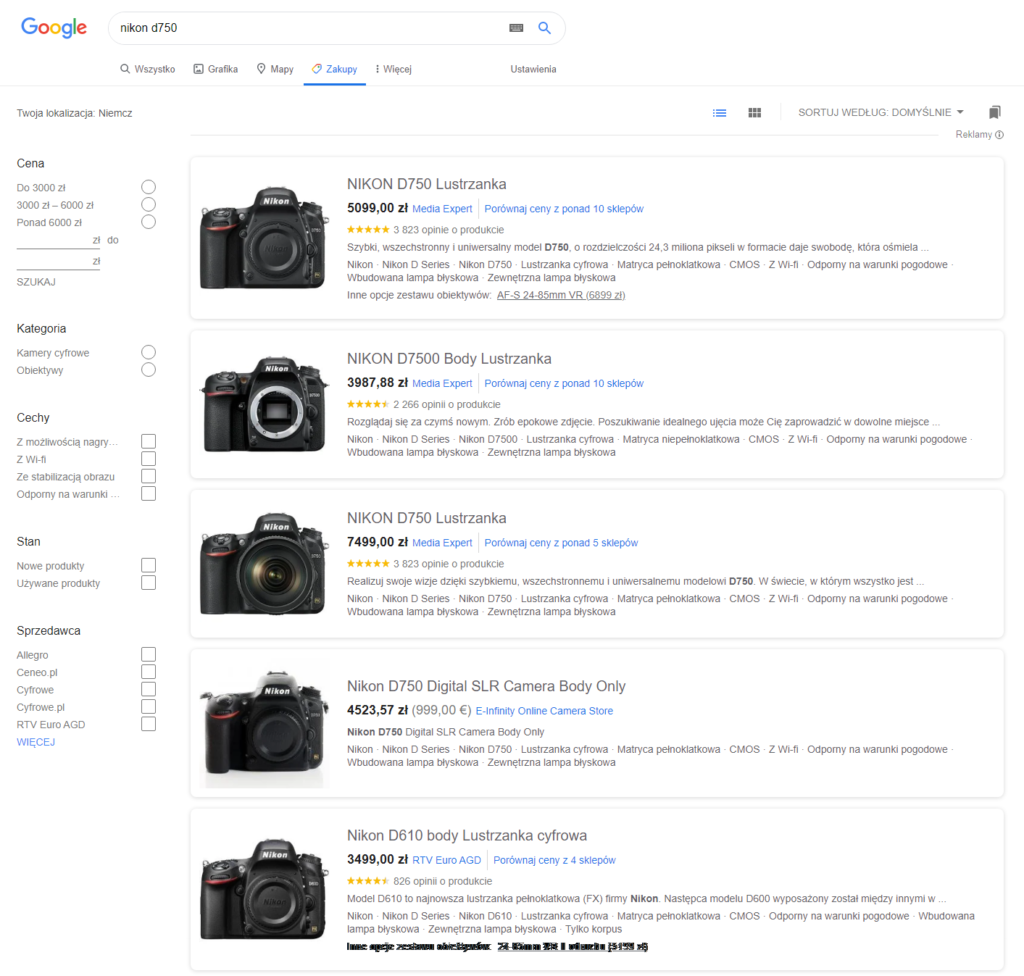 Przykładowa strona Zakupów Google za darmo